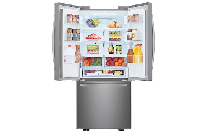 Vista frontal puerta superior abierta con comida Nevecon French Door LG LM22SGP